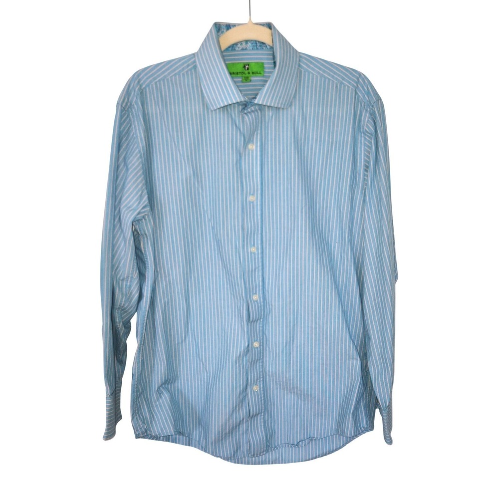 Bristol & Bull Mens Blue White Striped Long Sleeve‎ Button Down Shirt Size M